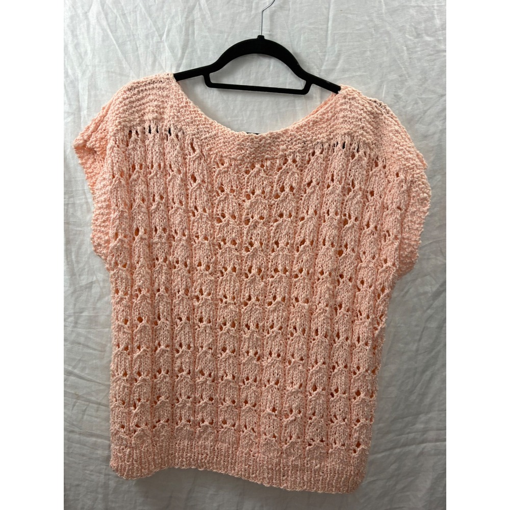 Hand Knit Sweater Vest Womens  Medium Peach Pointelle Crochet Sleeveless Top